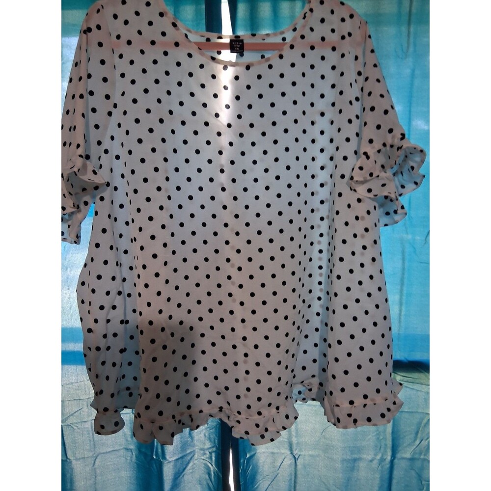 SHEIN CURVE 4XL White/Black Polka Dot Sheer Sleeve Round Neck Blouse